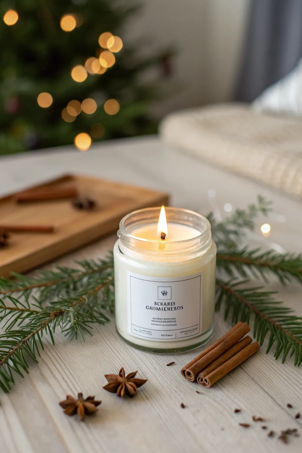 Illuminate your holiday spirit with the warm glow of a cinnamon-scented candle, perfect for a cozy Christmas Eve.