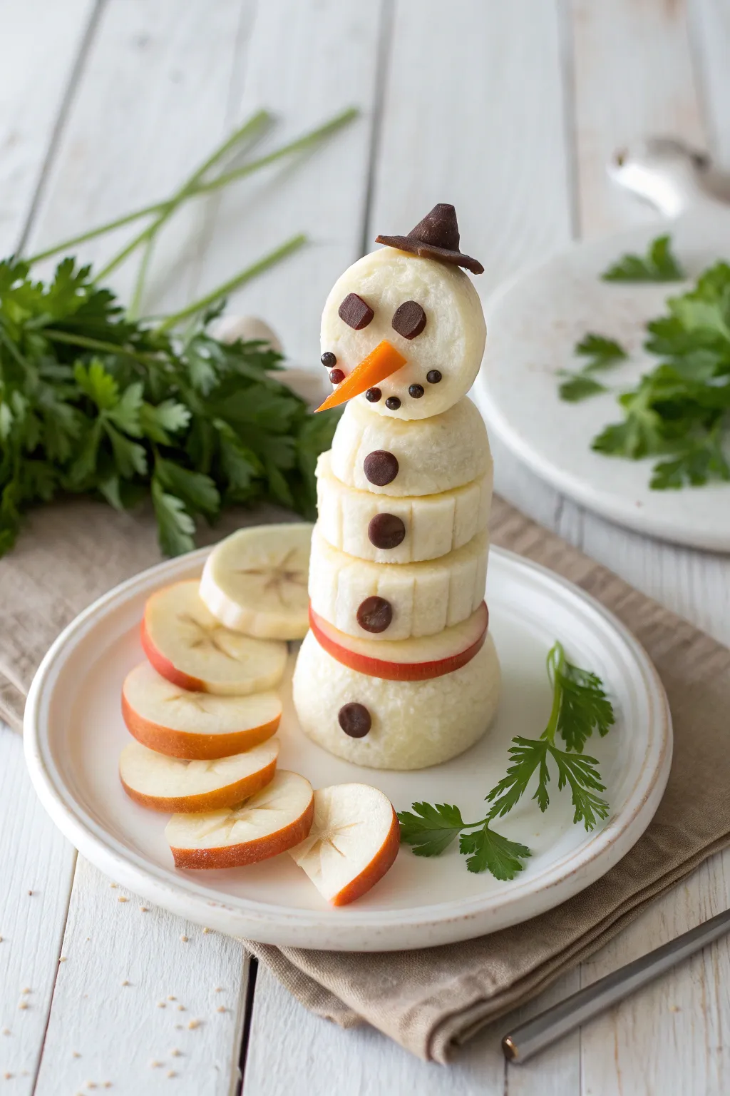 Delight in the charm of a Snowman Surprise – a festive fruit creation that brings minimalist elegance to your holiday table.