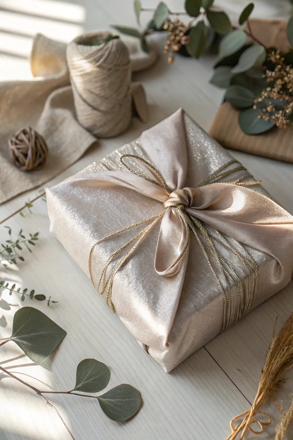 Elevate your gift-giving with sustainable elegance: shimmering fabric wrap for a touch of holiday sparkle.