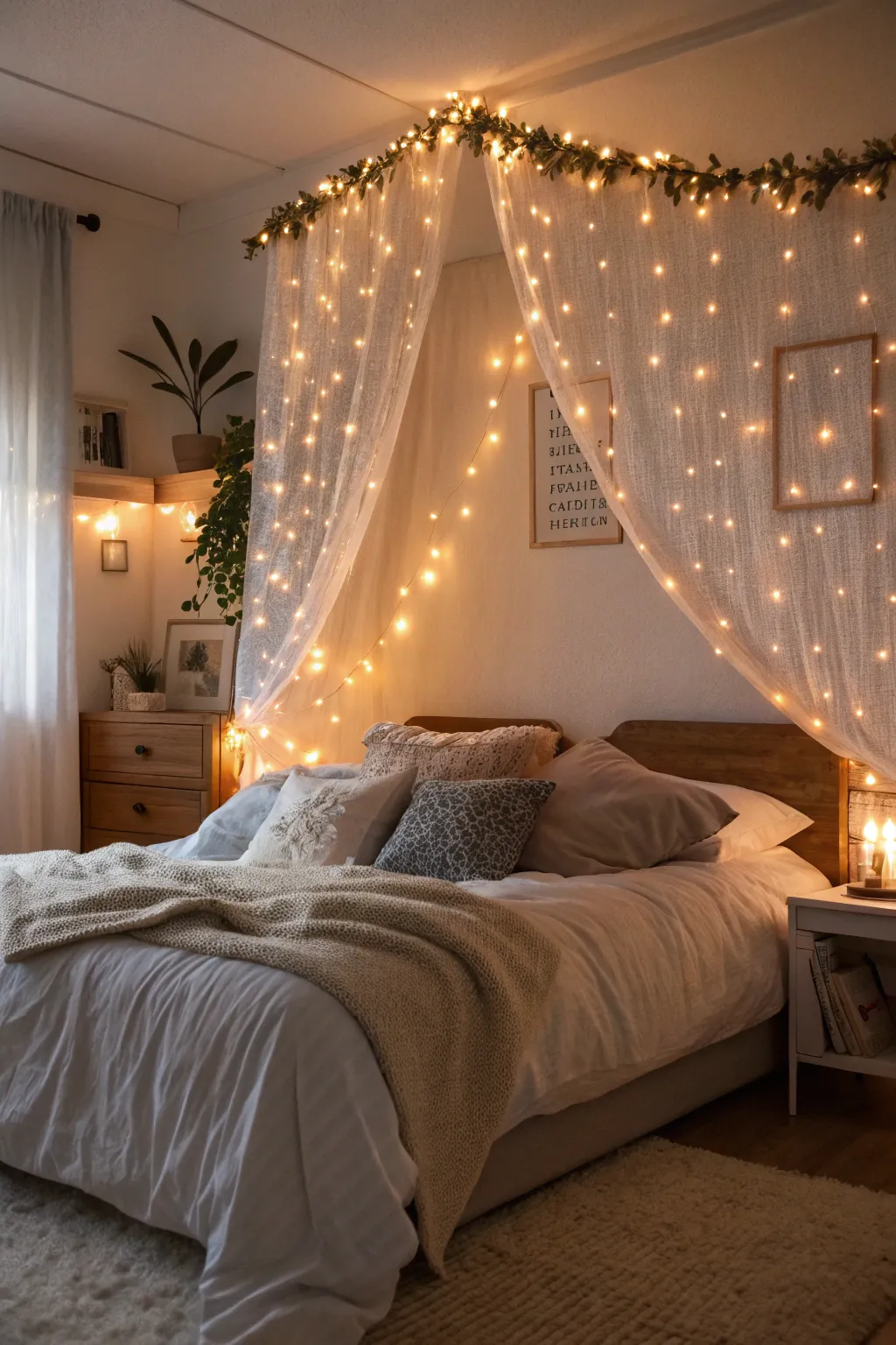 Fairy lights above the bed add a touch of magic to your nightly routine.