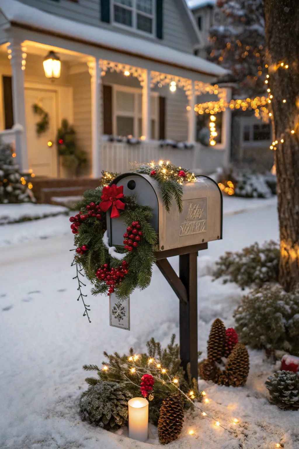 Welcome guests with a classic Christmas wreath mailbox cover.
