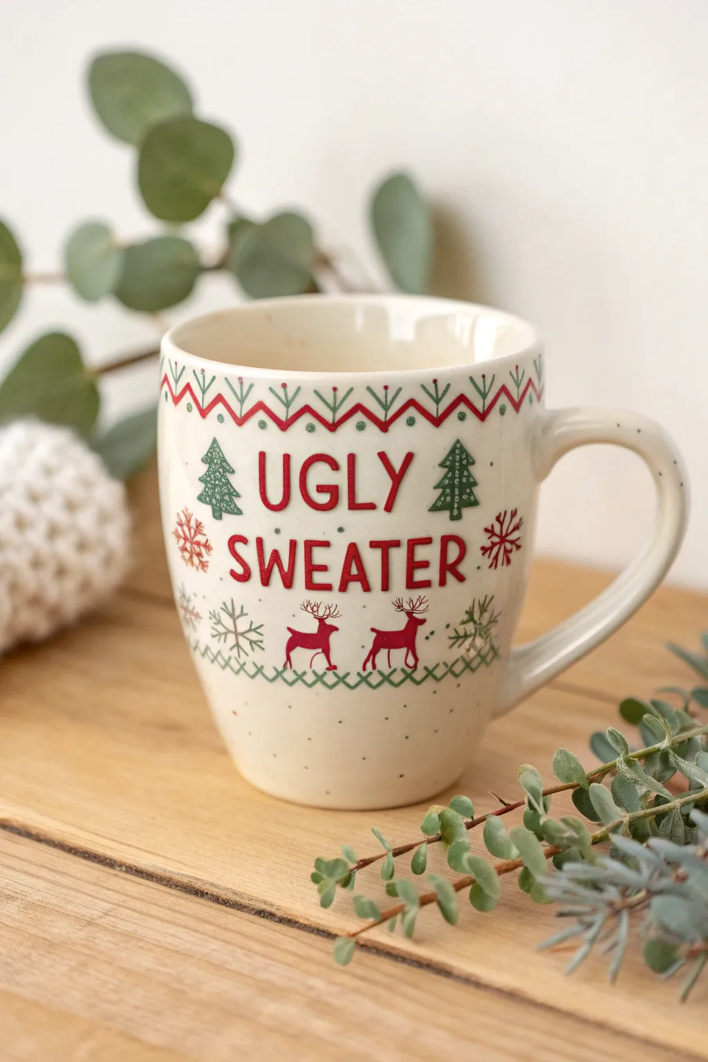 Embrace the holiday spirit with a charmingly quirky 'ugly sweater' mug design that adds a touch of festive fun to your cozy moments.