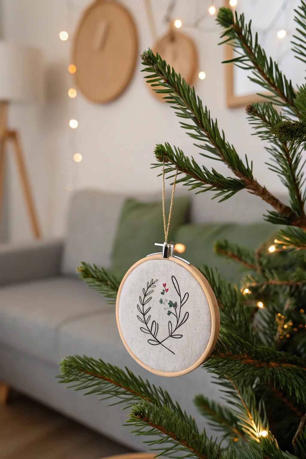 Capture cherished memories with handcrafted embroidery hoop ornaments, adding a touch of elegance and history to your minimalist holiday decor.