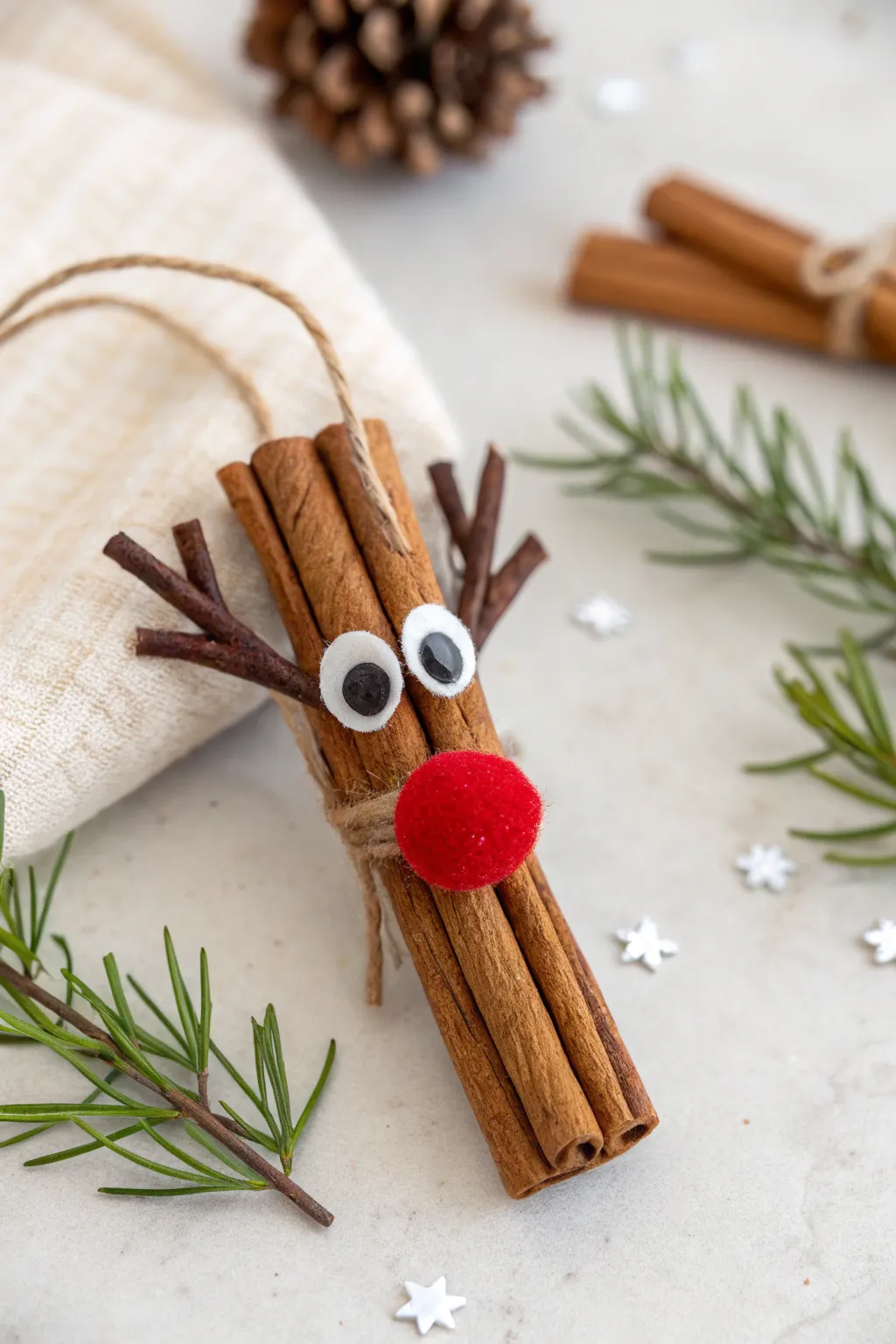 Craft a touch of whimsy with this simple yet charming cinnamon stick reindeer ornament!