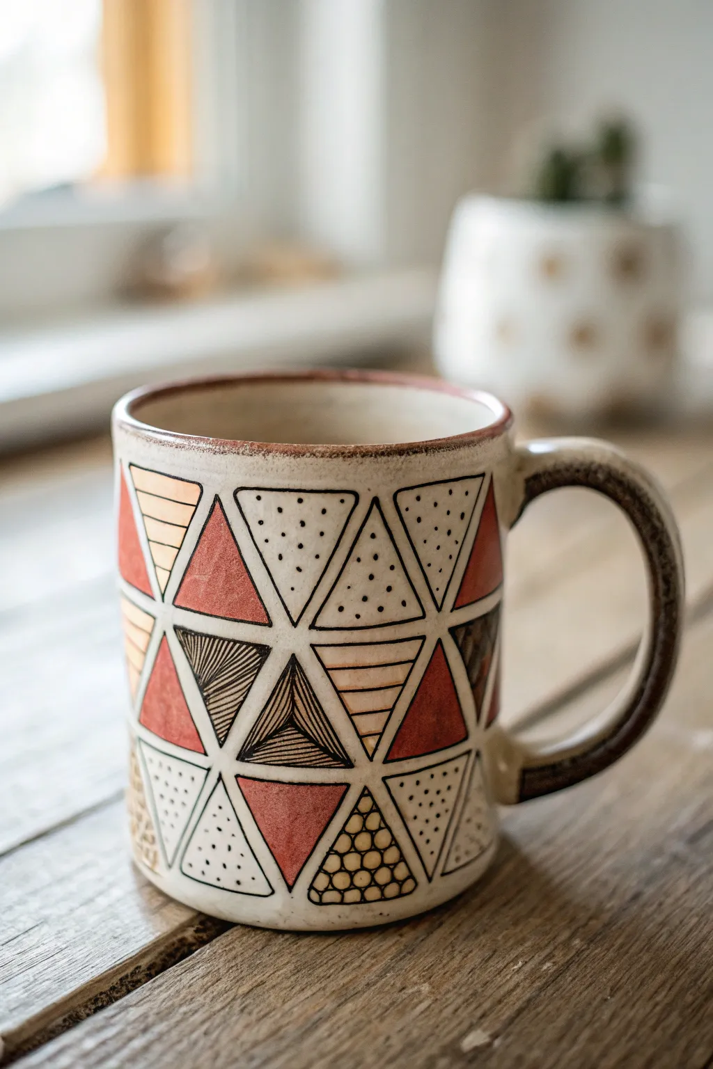 Sip in style with this geometric clay mug – where modern design meets artisanal charm.