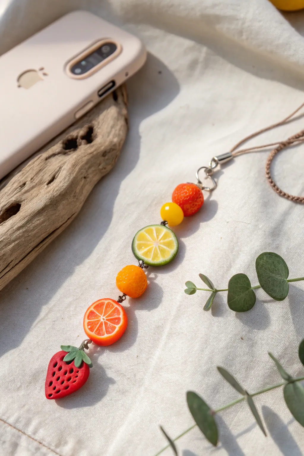 Add a splash of sunshine to your day with this fruity clay bead phone charm!