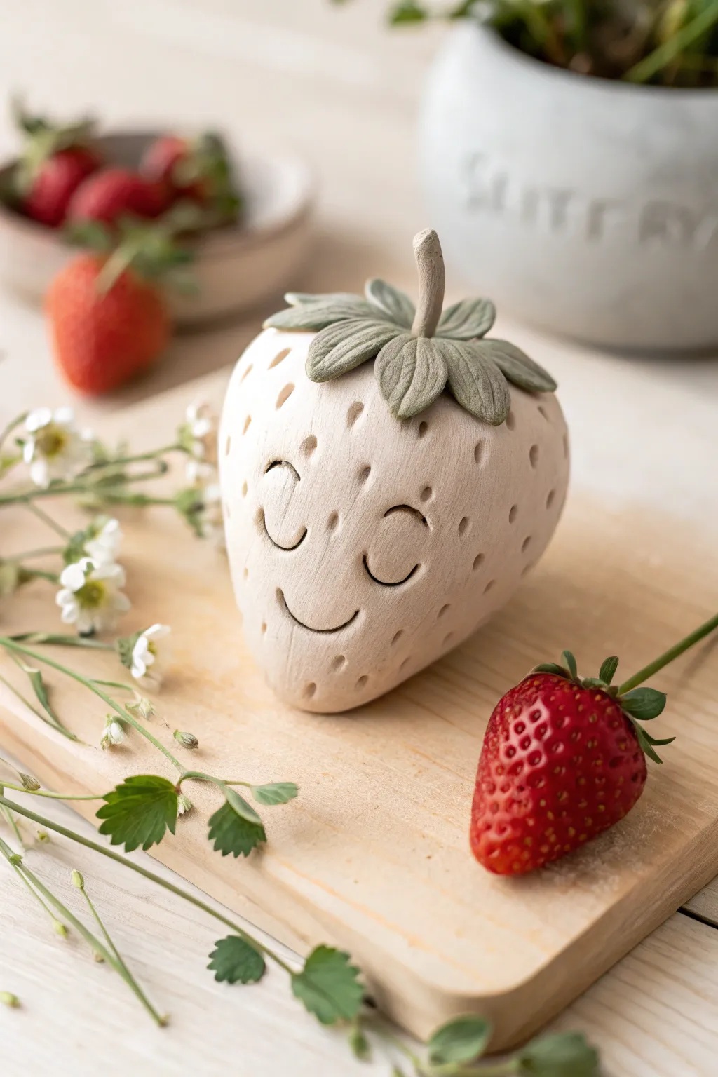 Embrace summer vibes all year with this charming clay strawberry smile.