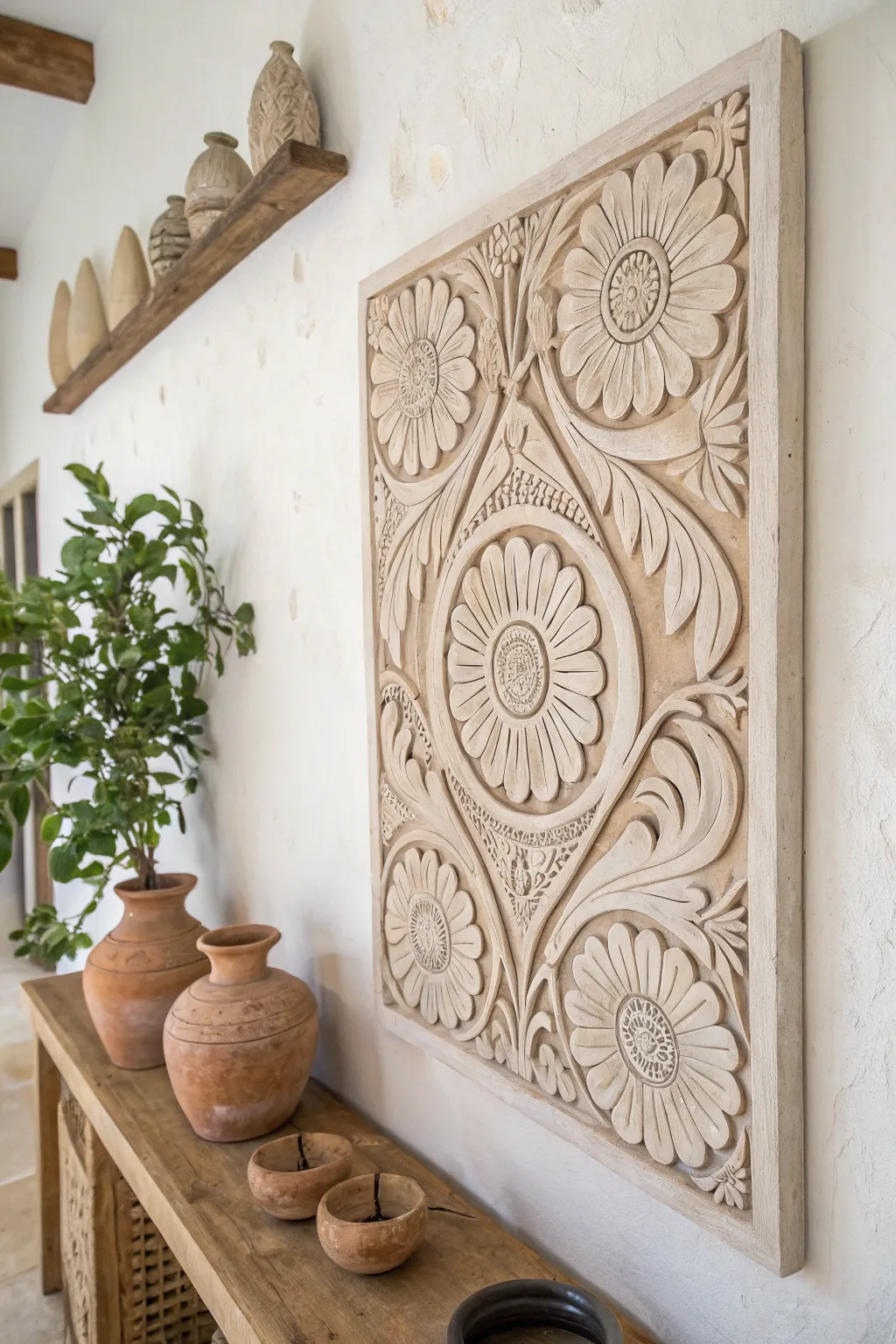 Transform your living room with vintage charm: a handcrafted clay mural that whispers stories of the past.