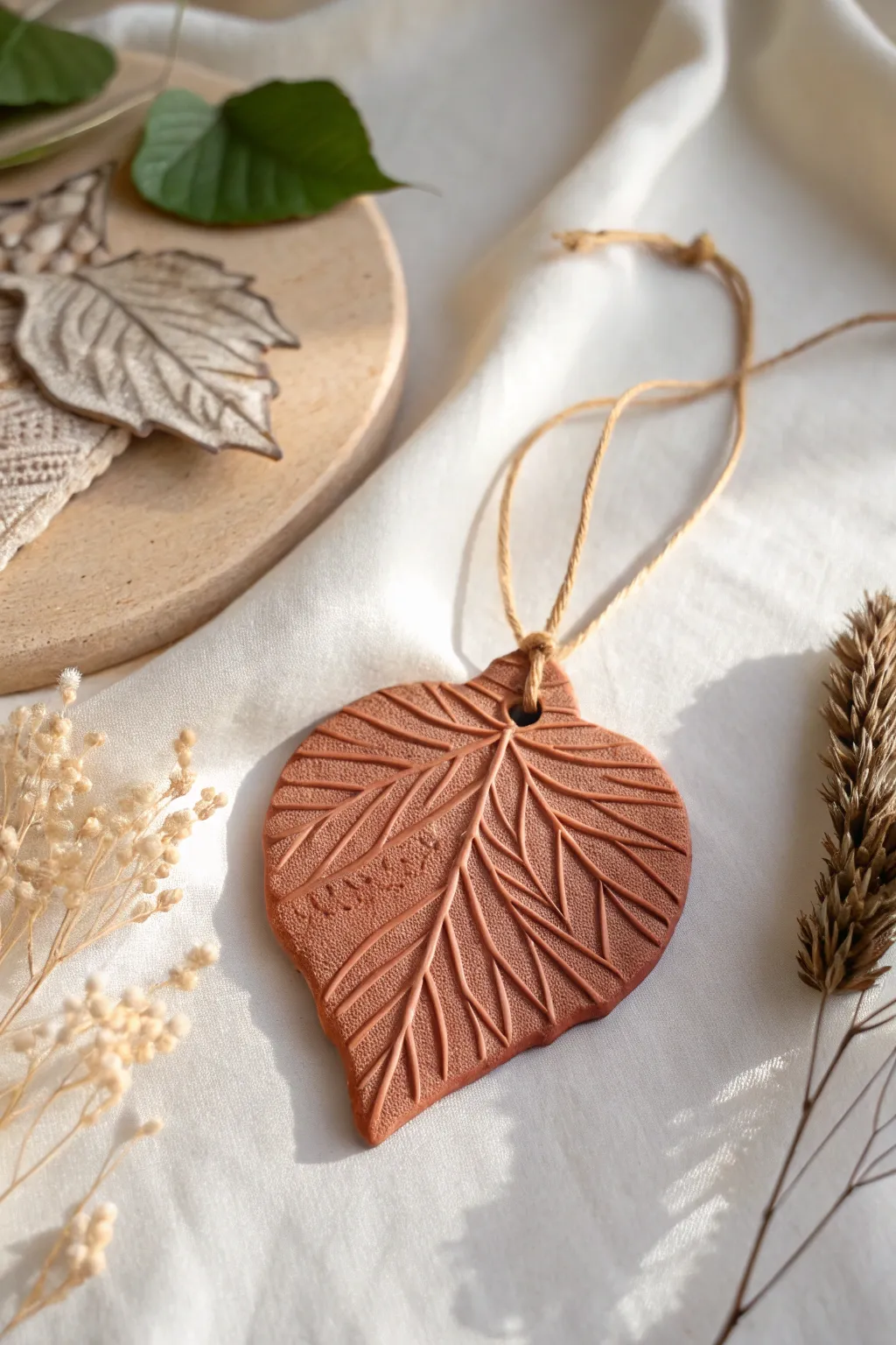 Embrace nature's artistry with these textured clay leaf ornaments, inspired by tranquil forest walks.
