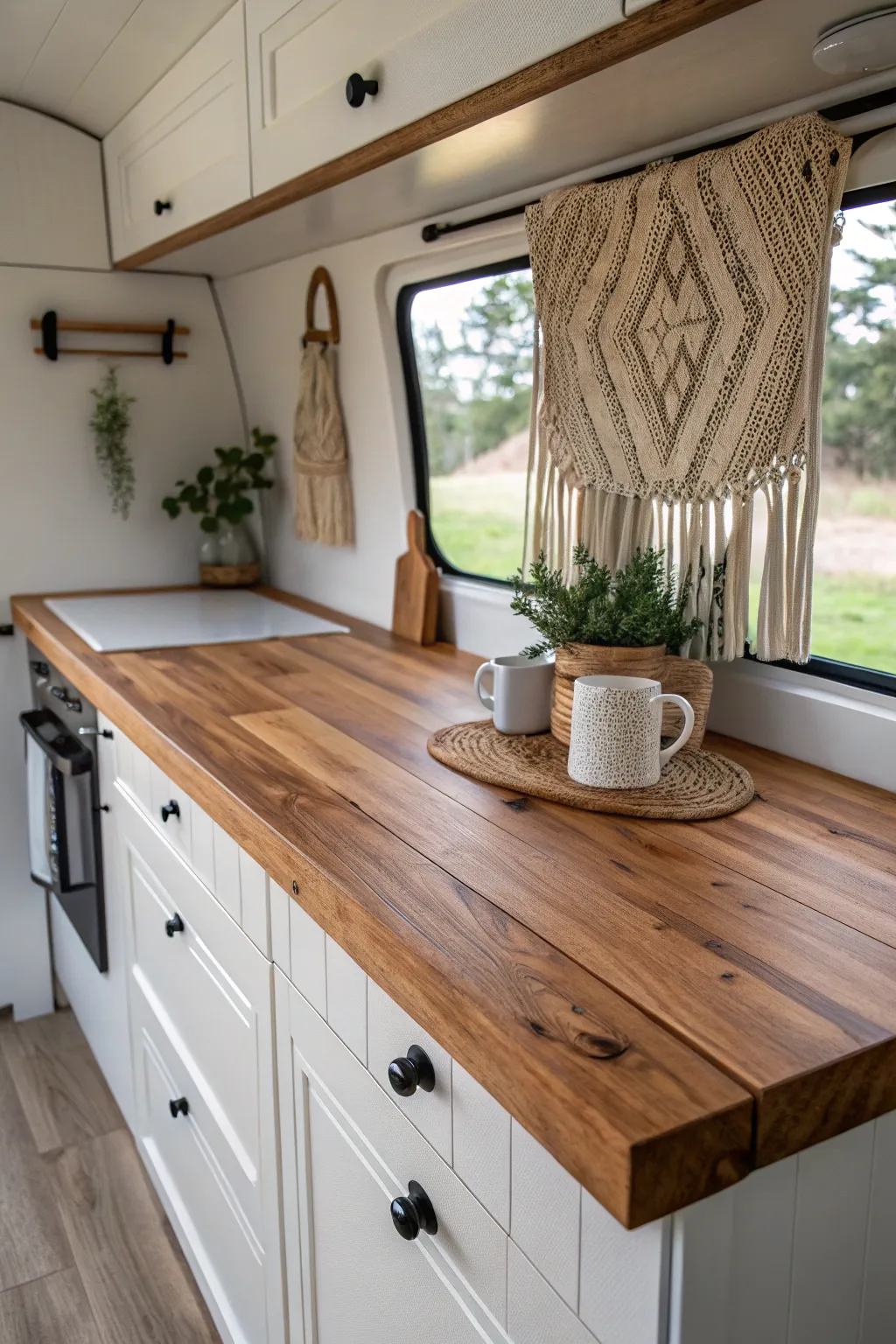 Elevate your campervan kitchen with rustic wood accents for a cozy, inviting touch.