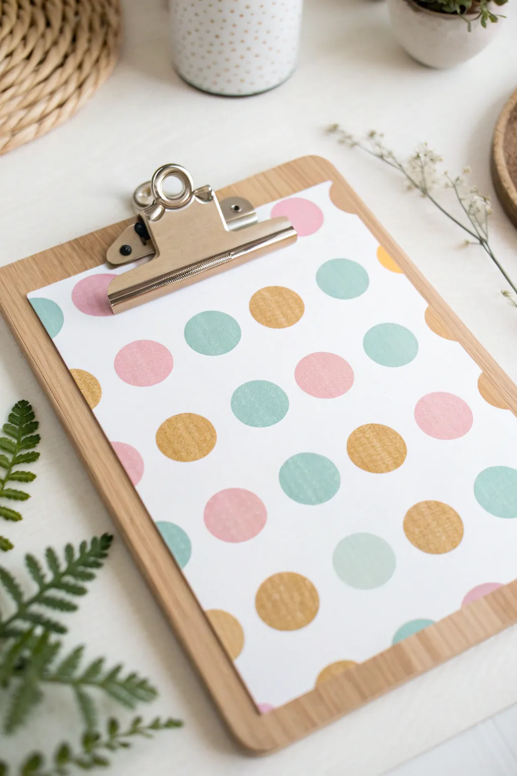 Bring a touch of whimsy to your workspace with pastel polka dots on a minimalist clipboard.