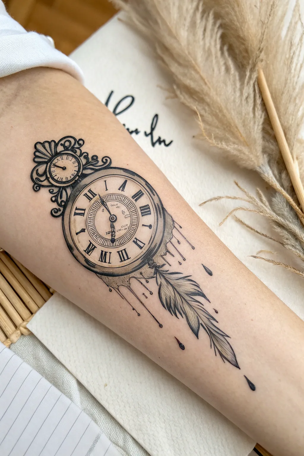 Timeless Dreams: Embrace the fluid nature of time with this surreal melting clock tattoo design.