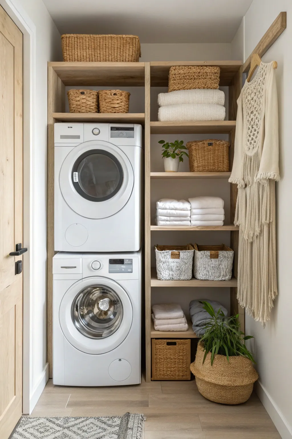 Transform your closet into a chic and efficient laundry nook with minimalist elegance.