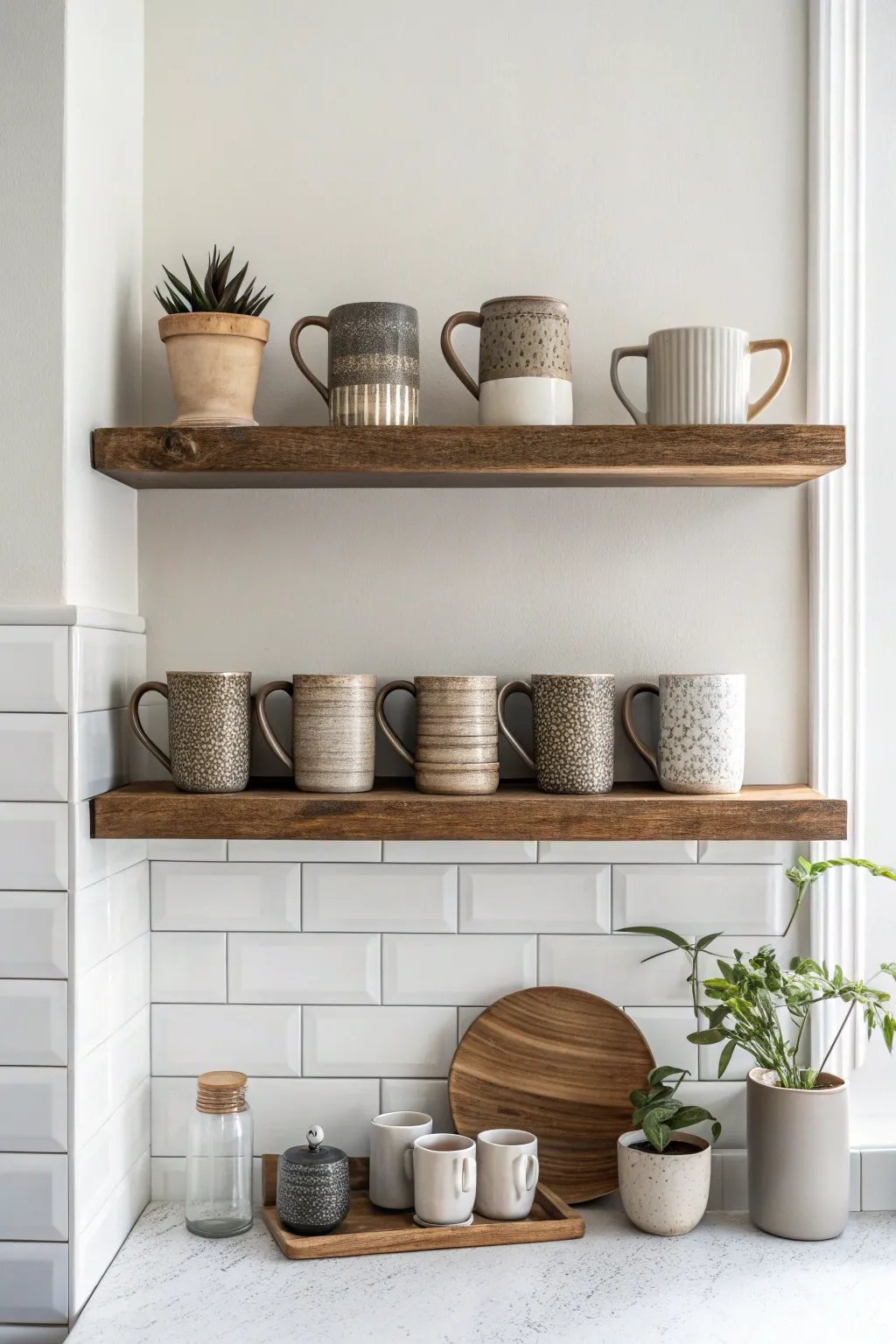 Elevate your coffee nook with the elegance of floating shelves and modern mugs.
