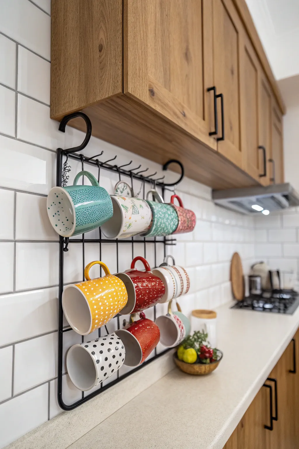 A kitchen wall featuring a stylish mug rack with various mugs.