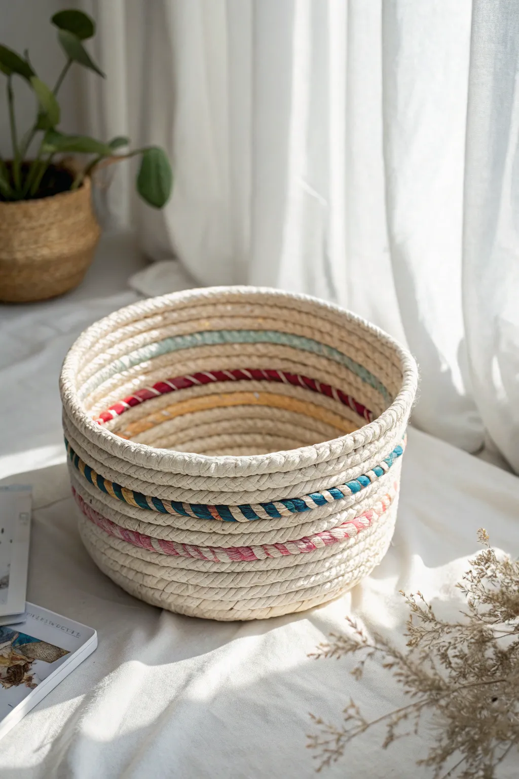 Embrace the art of simplicity with a touch of boho charm in this beautifully textured coil basket.