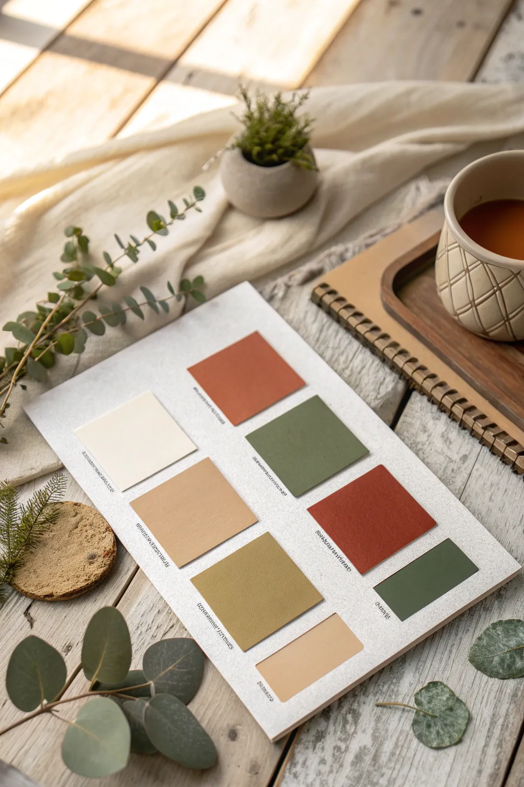 Discover the serene beauty of earthy elegance with a terracotta, olive green, and cream palette.