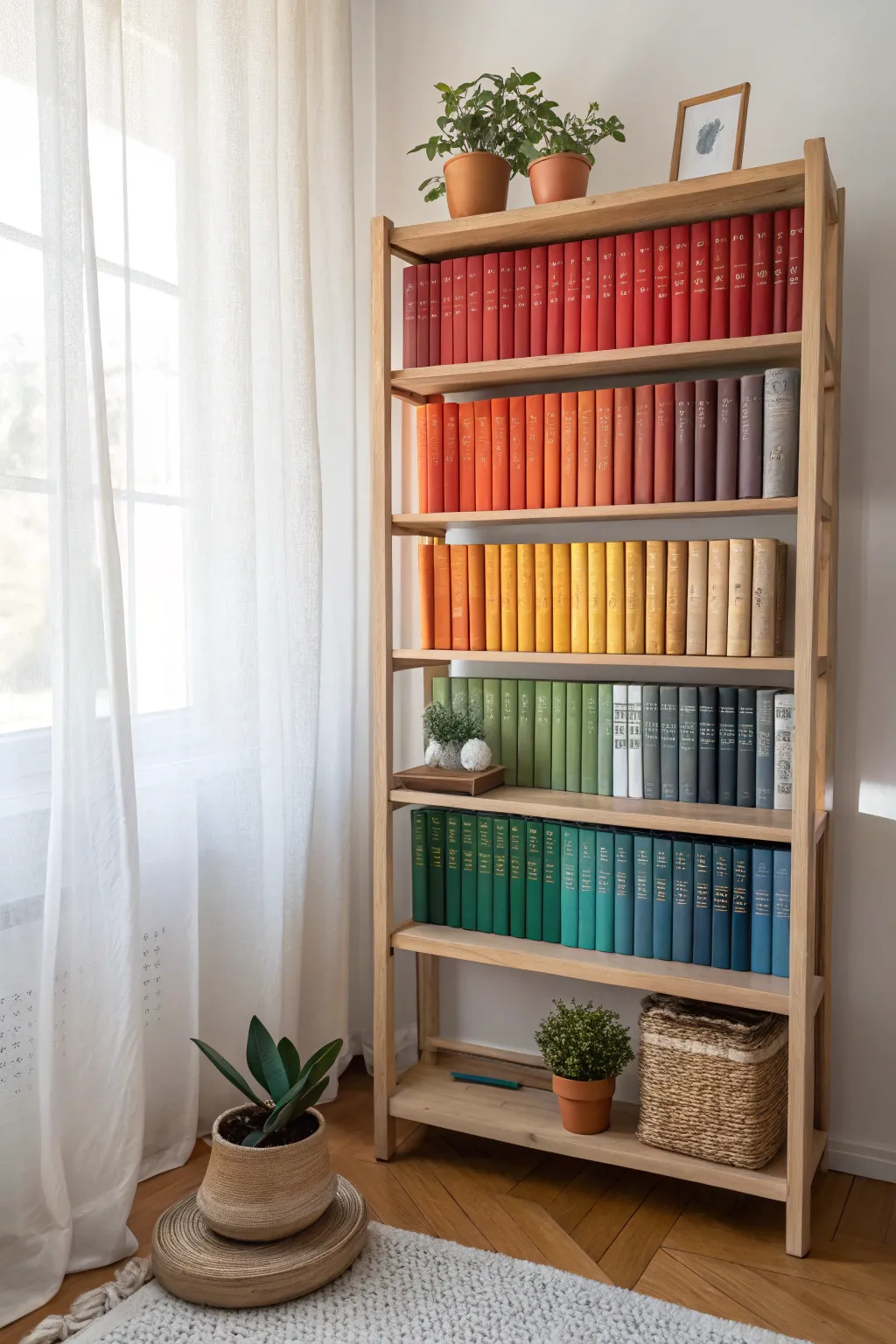Transform your space with a color-coded bookshelf that combines organization with stunning visual appeal.