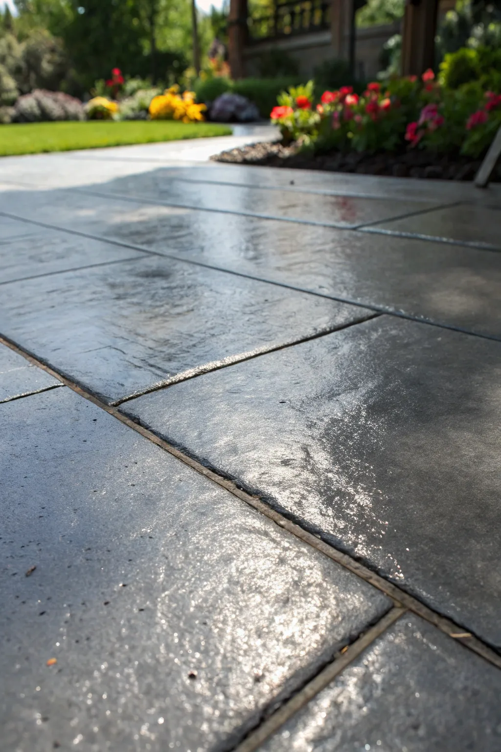 Transform your outdoor space with a high-gloss concrete finish for a sleek, modern look that captivates.