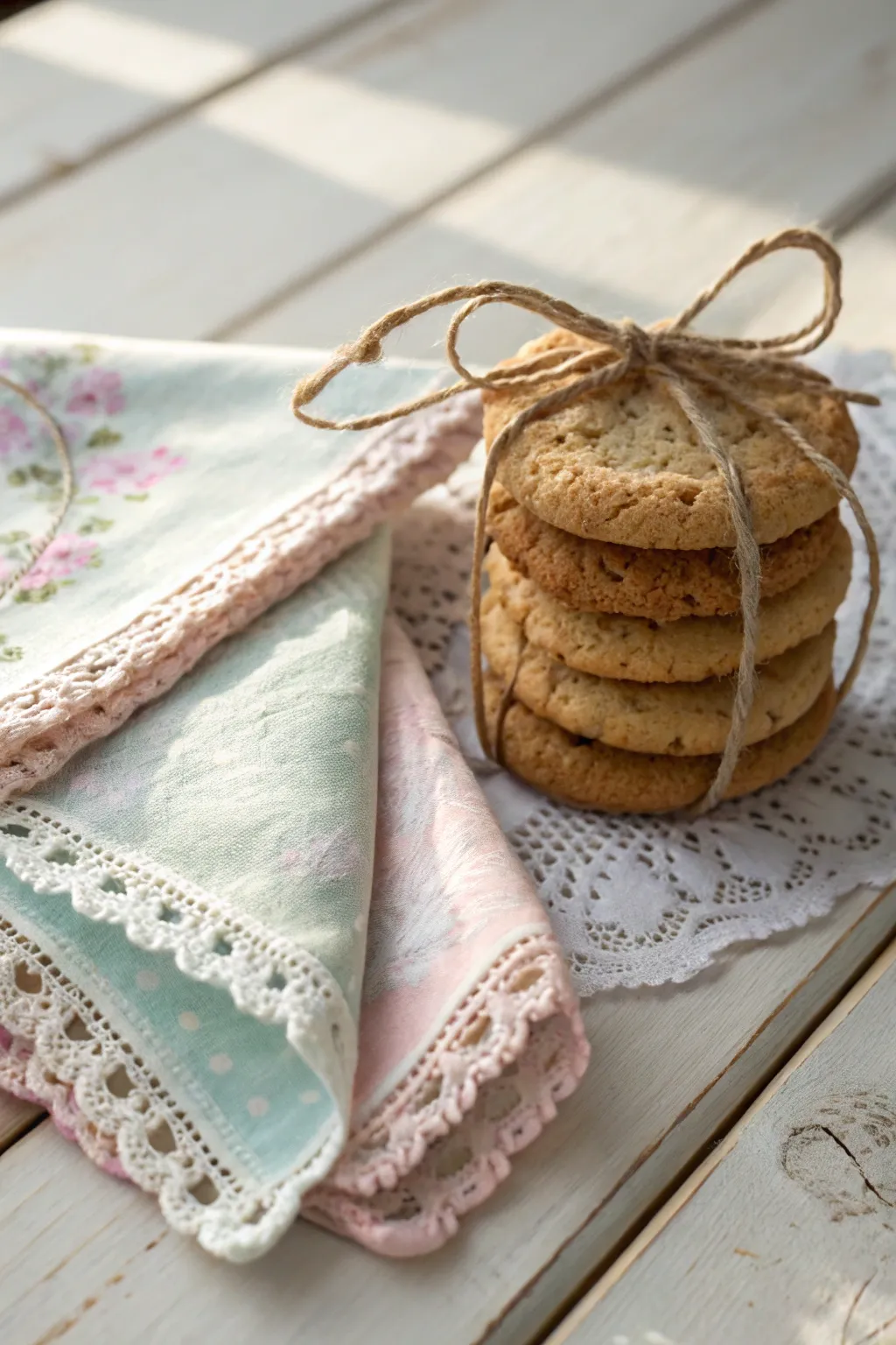 Wrap your cookies in nostalgia with vintage handkerchiefs for a charming gift presentation.