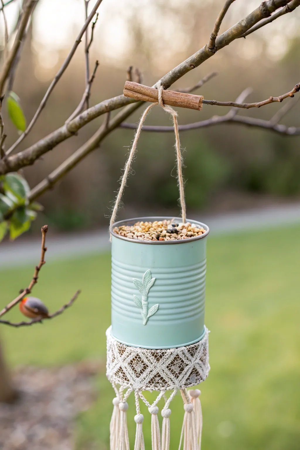 Elevate your garden style with this charming tin can bird feeder, where simplicity meets natural beauty.