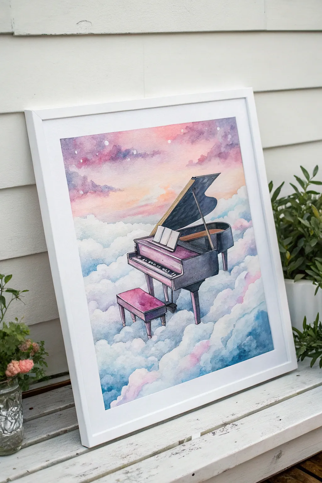 Dreamy Melodies: A Surreal Watercolor Piano in the Sky