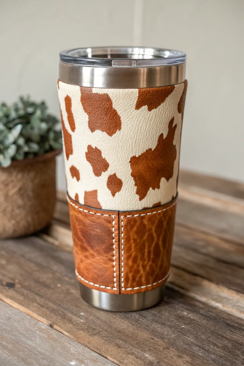 Elevate your drinkware with a rustic touch: a cow print tumbler with a western leather twist.