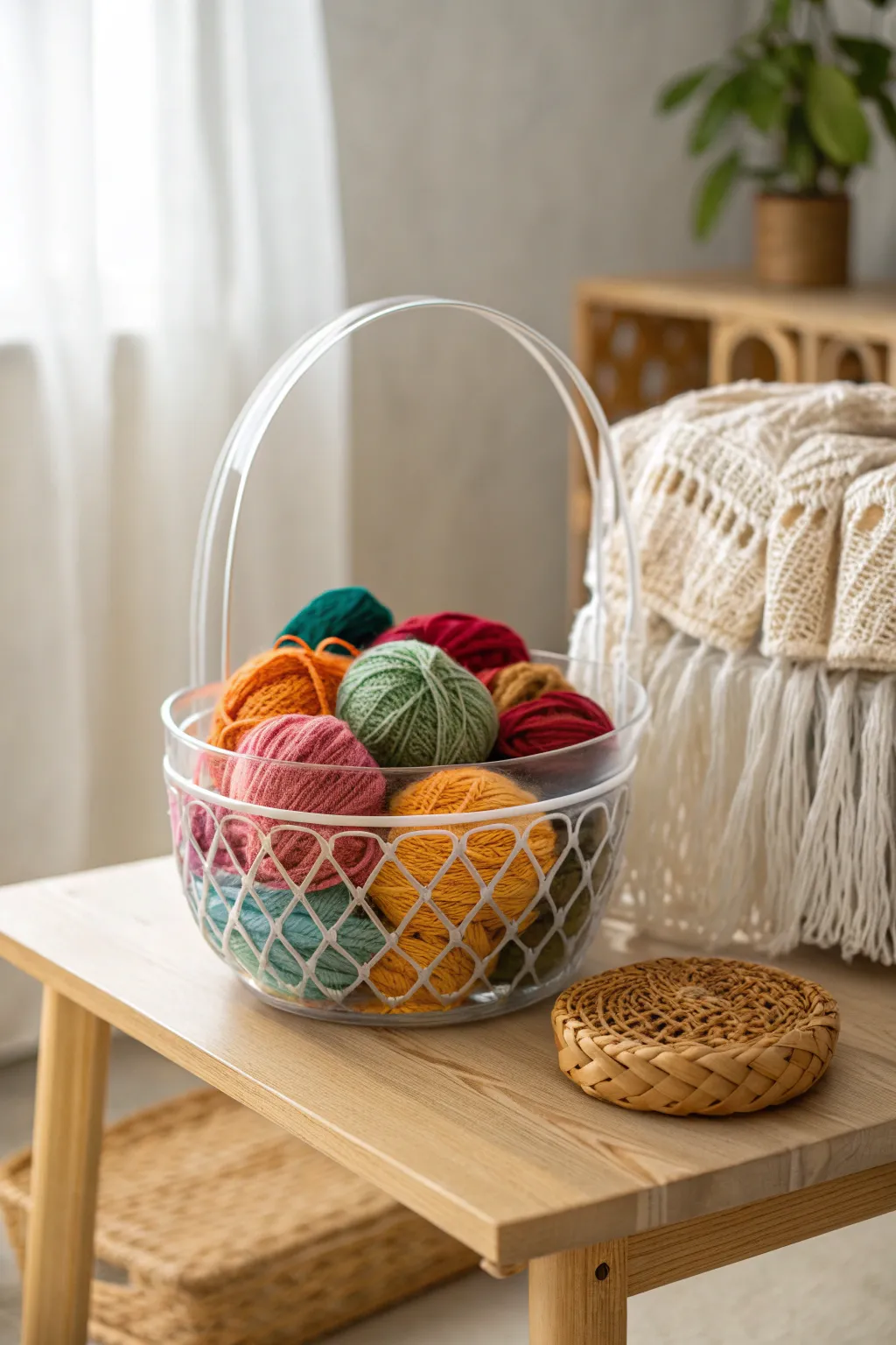 Transform your craft supplies into a stunning display with a transparent basket.