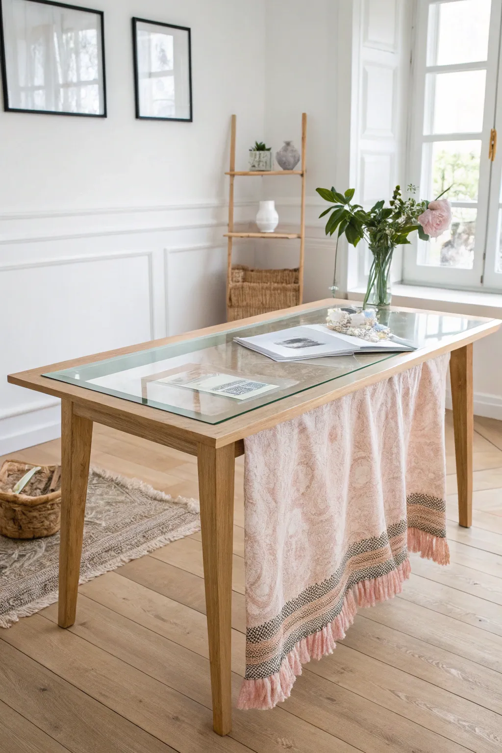 Elevate your crafting space with a chic floating glass top table, where simplicity meets bohemian charm.