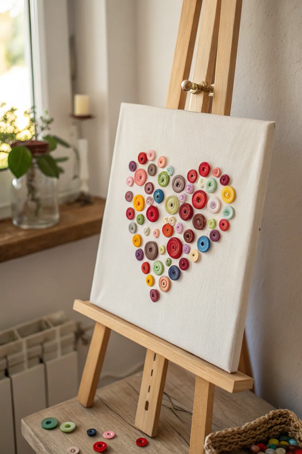 Crafting with love: A heartwarming button art piece that blends color and simplicity.