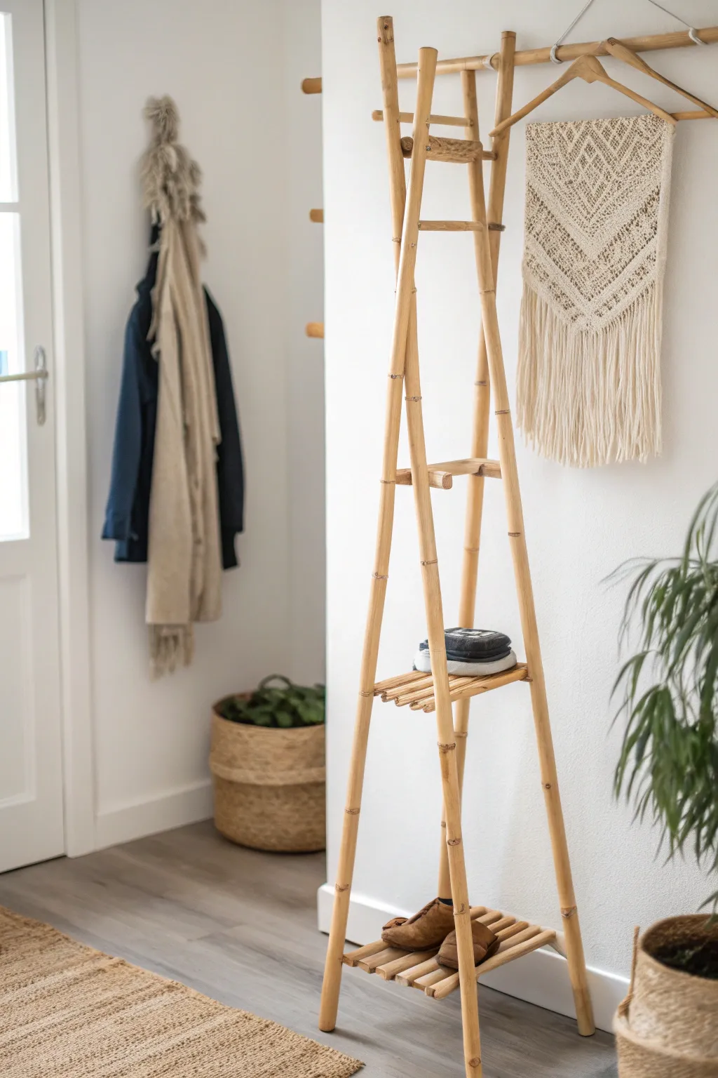 Elevate your entryway with the natural elegance of this bamboo coat rack, where simplicity meets style.