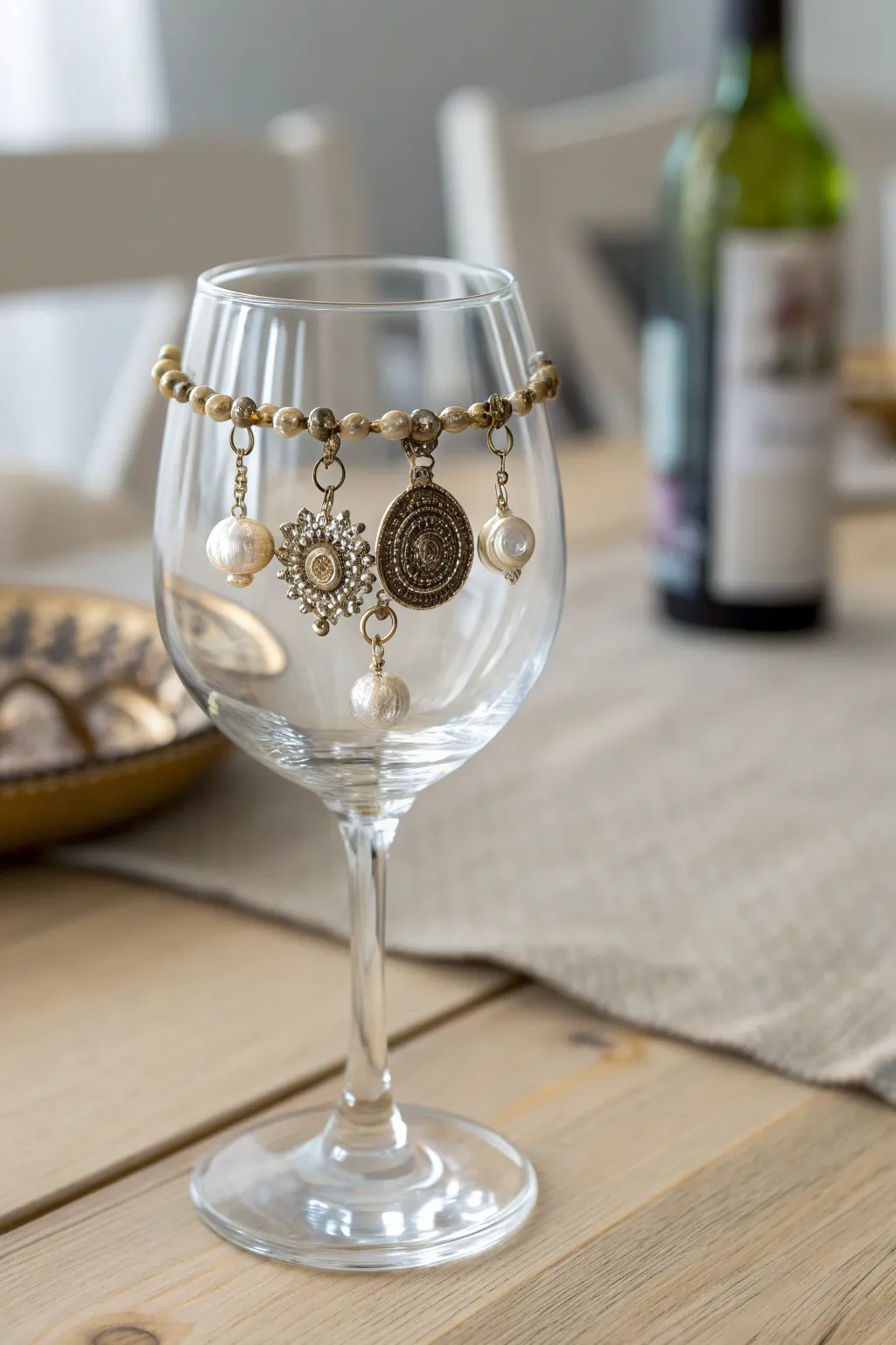 Transform vintage jewelry into charming wine glass identifiers for your next gathering. #UpcycledElegance