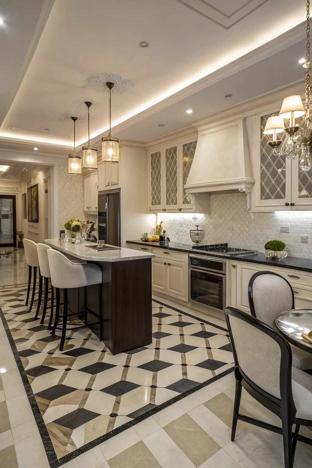 Checkerboard flooring injects a playful yet classic feel into the kitchen.