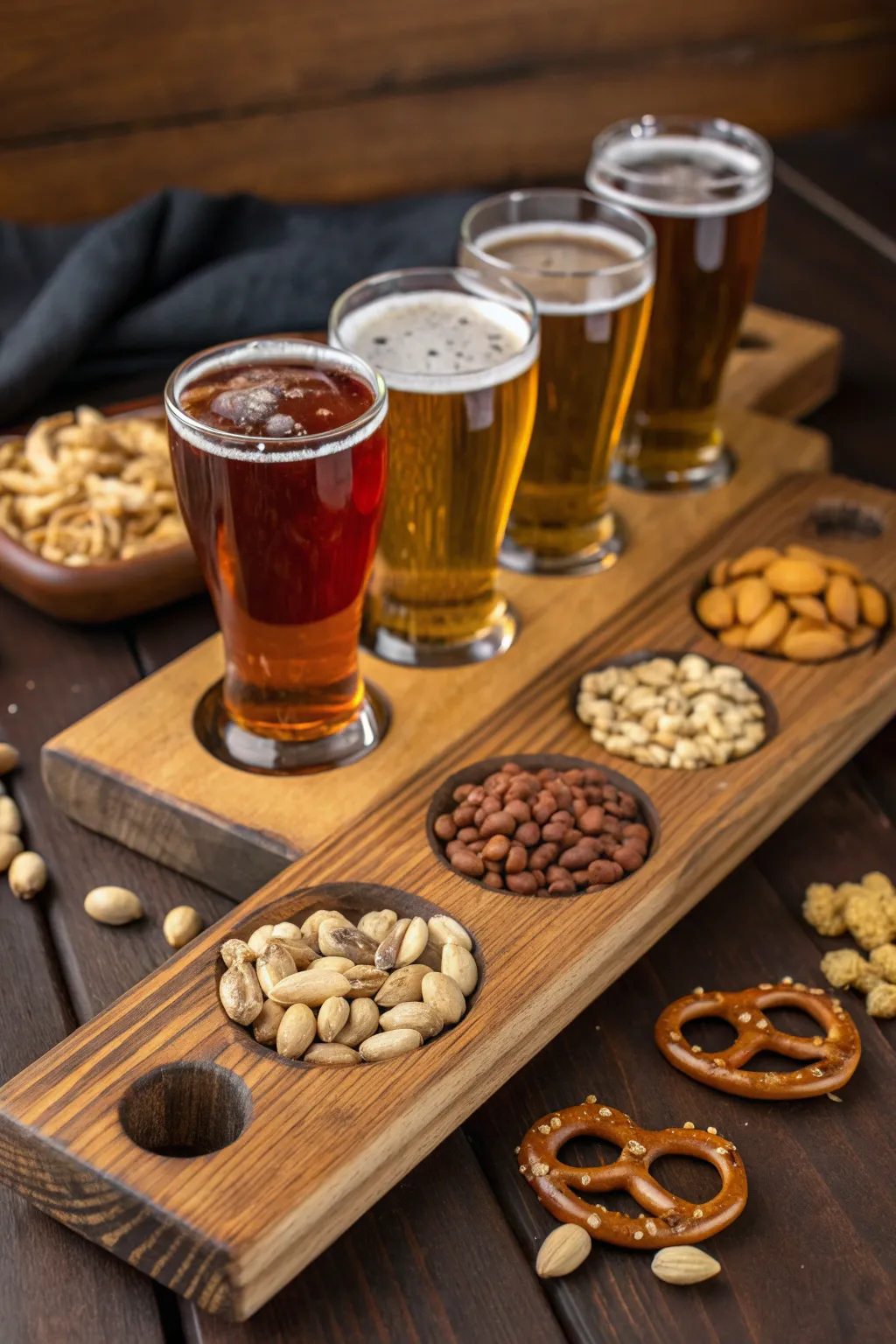 Elevate your beer tasting with this handcrafted flight board featuring built-in snack holders – a perfect blend of function and style.