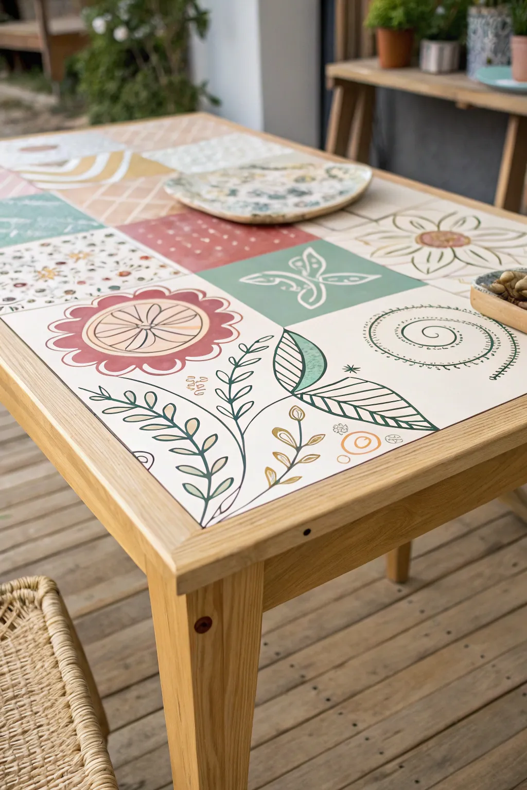 Transform your space with a unique, hand-painted tabletop that blends artistic styles for a one-of-a-kind look.
