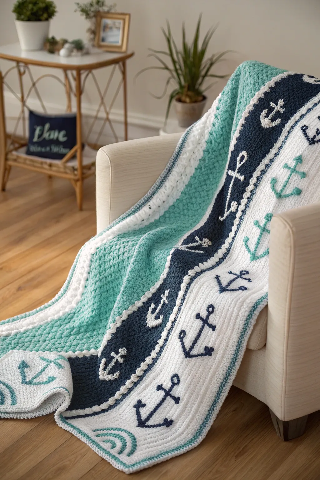 Set sail on a cozy adventure with this nautical-themed crochet blanket, perfect for little explorers!