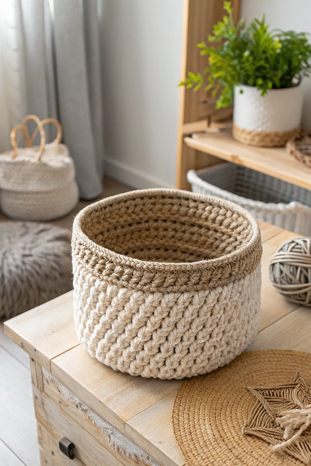 Elevate your space with the elegance of textured crochet baskets. 🌿✨