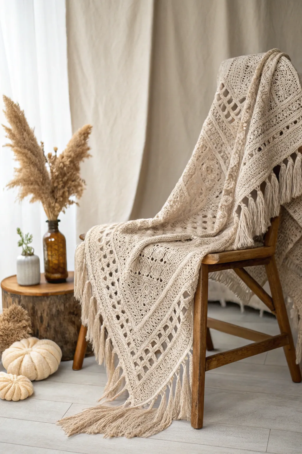 Wrap yourself in the cozy elegance of a handcrafted crochet shawl, perfect for those cool, serene evenings.