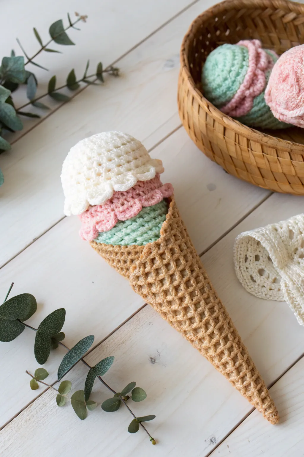 Indulge in the sweetness of crochet with an everlasting ice cream cone, crafted to charm any space.