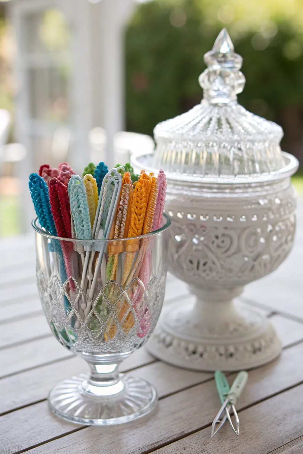 Transform vintage glassware into a charming crochet hook holder that adds elegance and nostalgia to your crafting space.