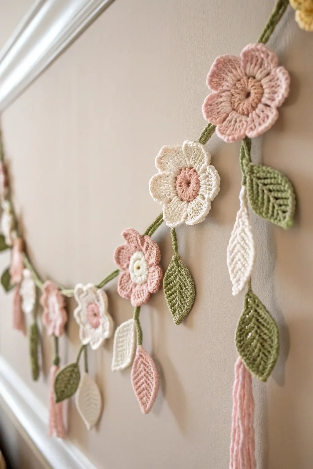Add a touch of whimsy to your decor with this enchanting crochet garland. Perfect for celebrations or everyday elegance.