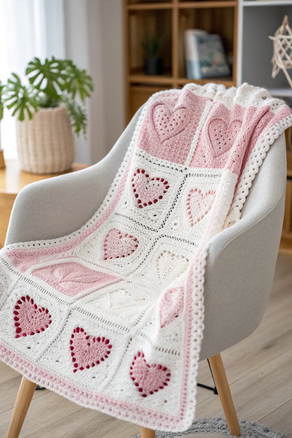 Wrap yourself in love with this cozy heart motif blanket, perfect for adding warmth and charm to any room.