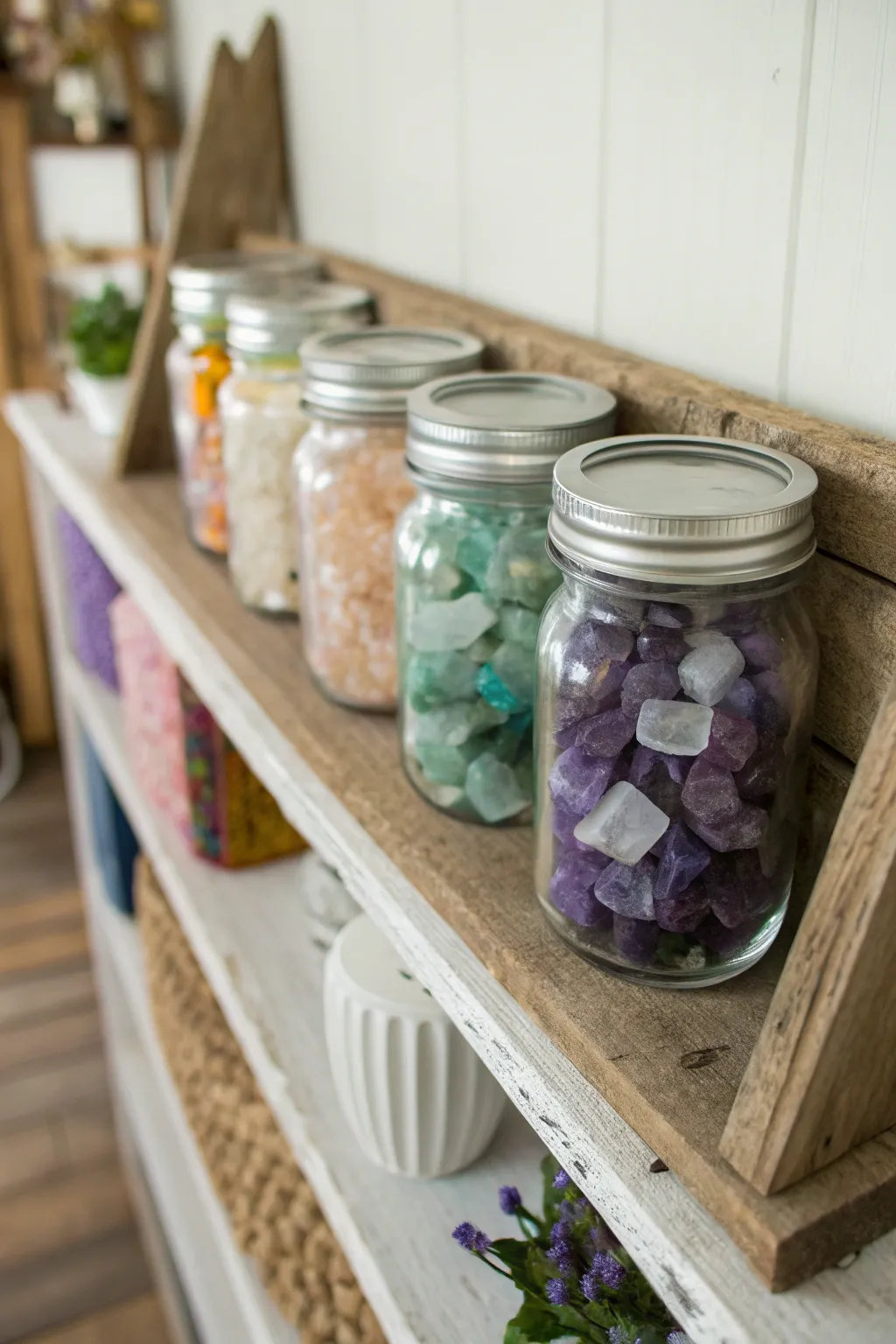 Mason jars creatively used for storing crystals.
