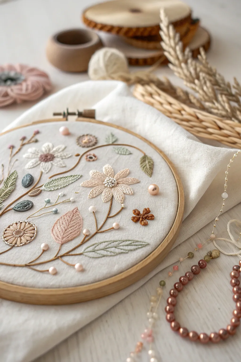 Discover the art of mixed media embroidery, where beads and threads weave stories of craftsmanship and simplicity.