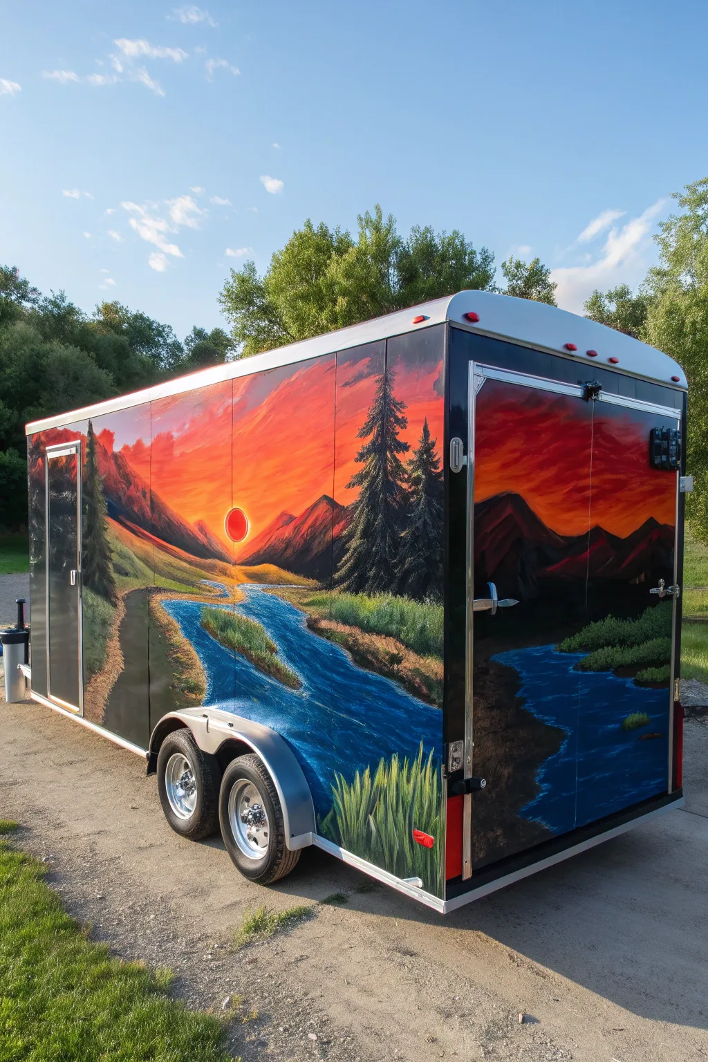 Craft your journey: A bold landscape mural transforms this trailer into a masterpiece.