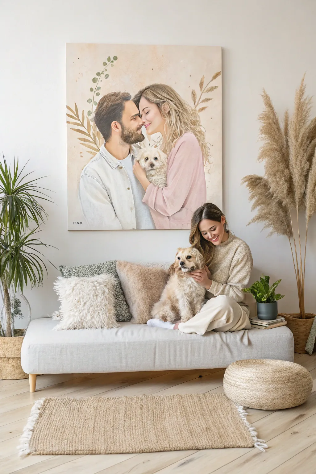 Capture the love and warmth of your family—including your furry friends—with a charming couple's canvas.