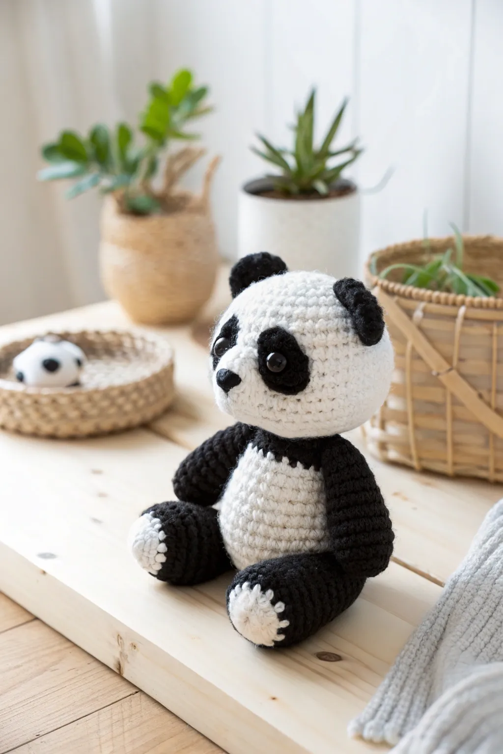 Meet your new snuggle buddy: a charming crochet panda, perfect for minimalist and Boho spaces.
