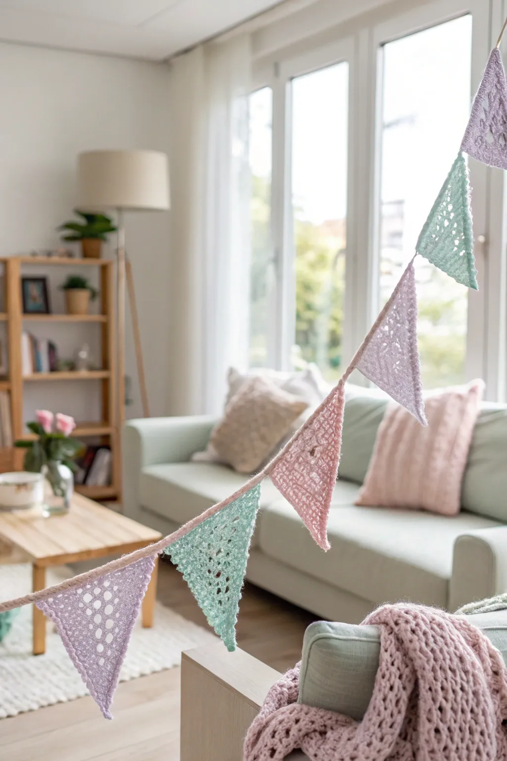 Add a touch of handcrafted charm to your space with delicate crochet bunting.