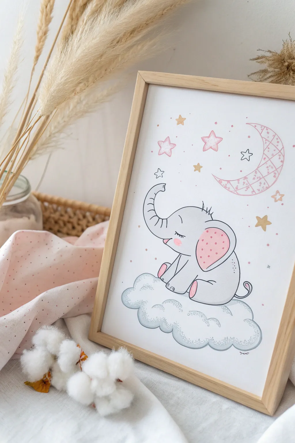 Dream away with this enchanting elephant on a cloud, where simplicity meets imagination.