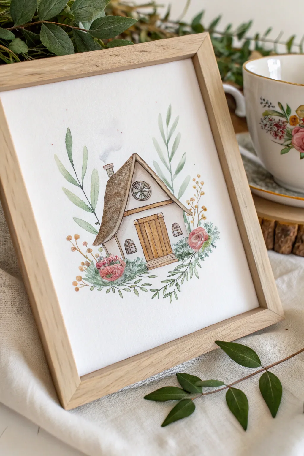 Sip in style with this charming watercolor blend of cozy living and natural beauty.